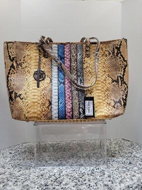 Badgley Mischka Snake-Print Tote with Blue, Pink, Silver & Tan Stripe Panels